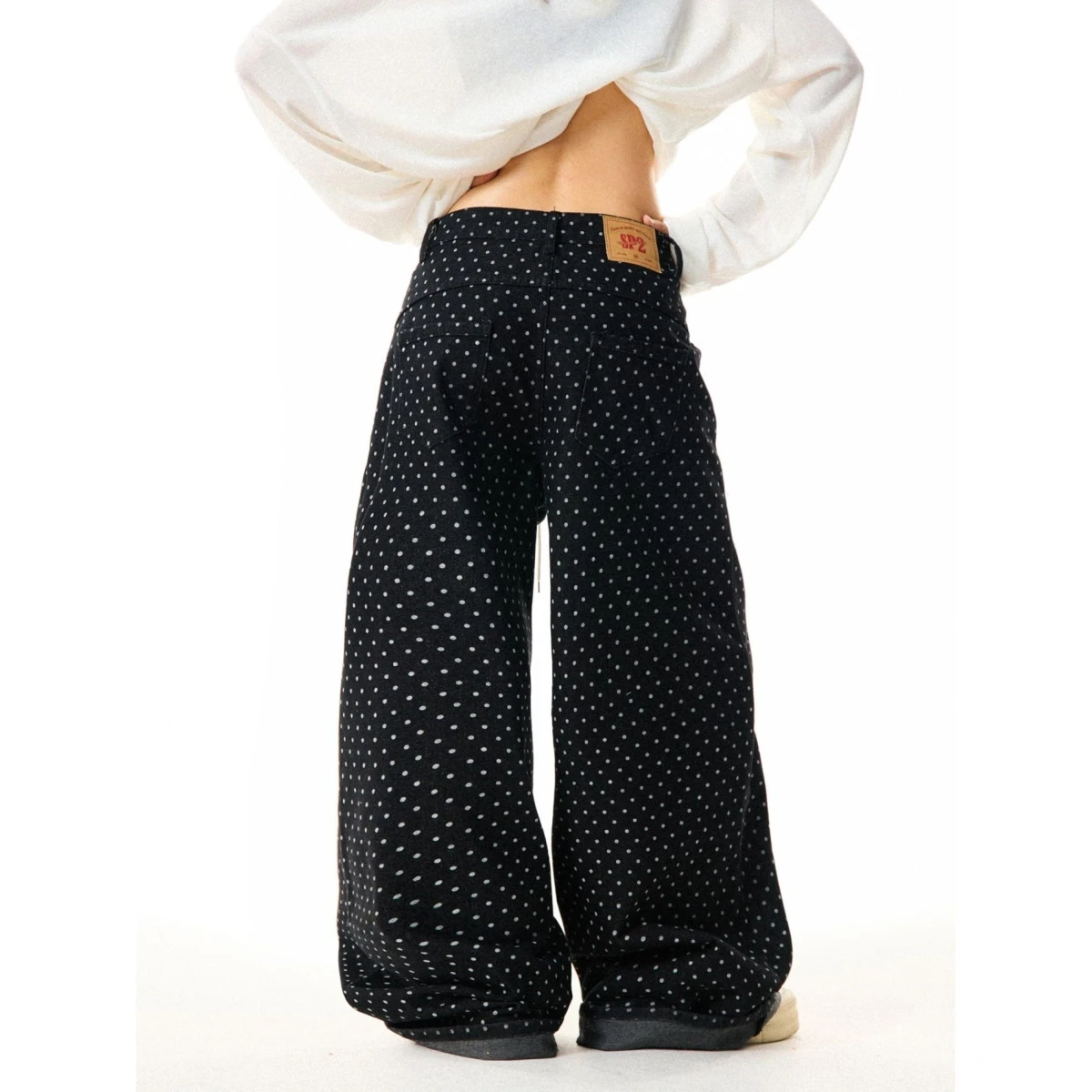 

American Polka Dot Print Cuffed Denim Pants Women Loose Wide Leg Casual Versatile High Waist Spring Autumn Black Cotton