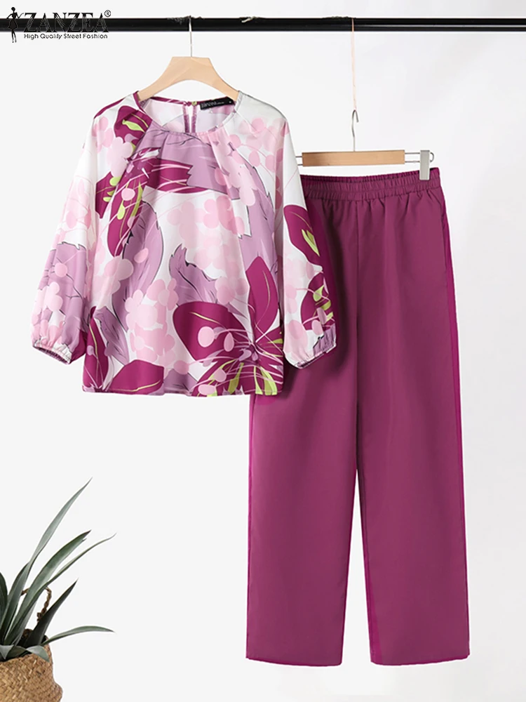 Otoño Floral impreso blusa pantalones trajes ZANZEA moda conjuntos de dos piezas trajes de mujer pantalones de vacaciones bohemios conjuntos de chándal