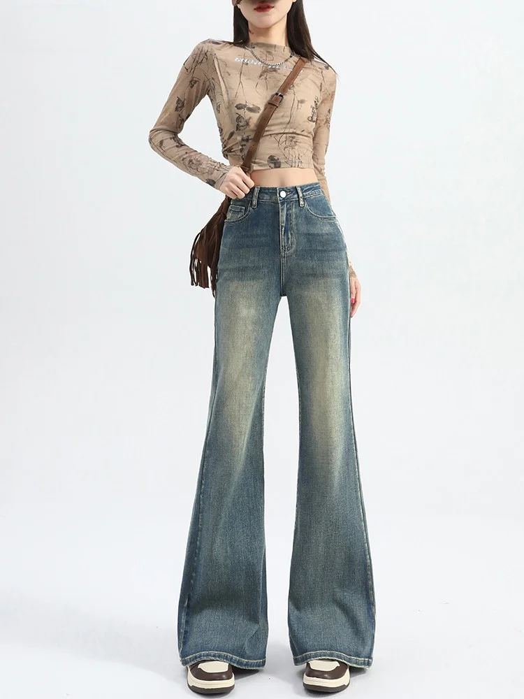 

Retro Blue Denim Jeans High Waist Women's Vintage Loose Fit Bootcut Pants Adult All Seasons mid Stretch High Waist Jeans
