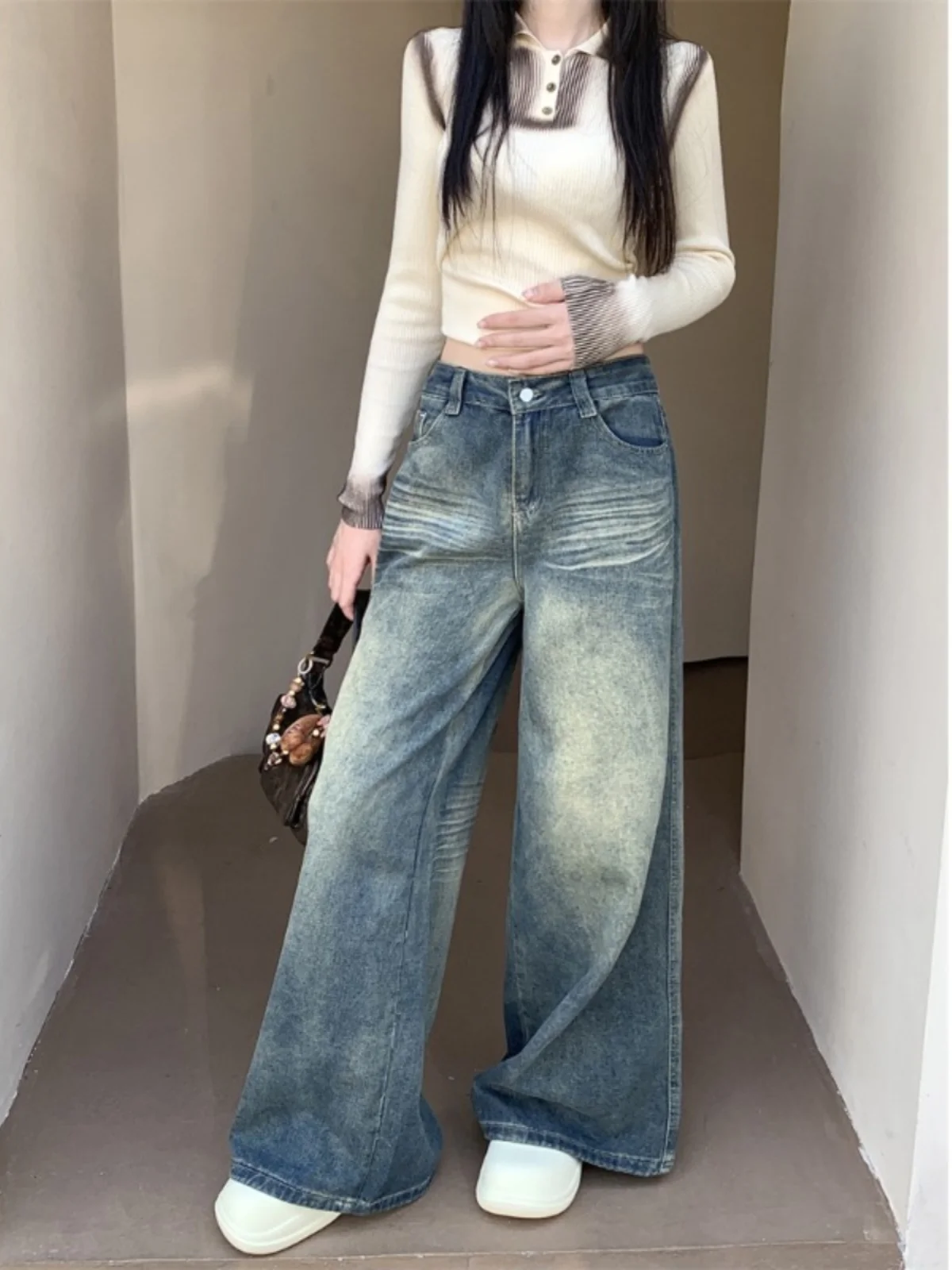 Laagbouw Jeans Y2K 2000S Kleding Gestapeld Ruche Geplooid Gedrapeerd Split Split Asymmetrisch Detail Zijkant Vrouwelijke Denim Broek Mode