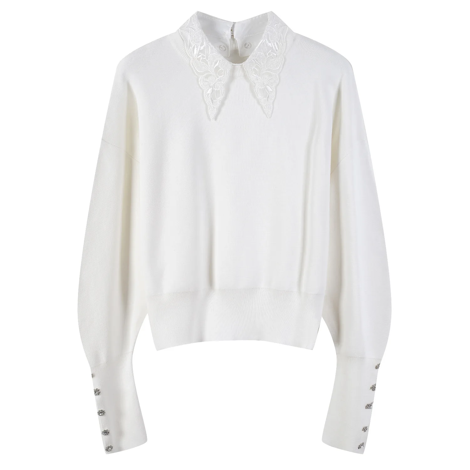 Retro Chic Odpinany Kołnierzyk z Koronki Dzianinowy Top Latarnia Sve Modny Wodny Diament Damska Odzież do Pracy Dzianina