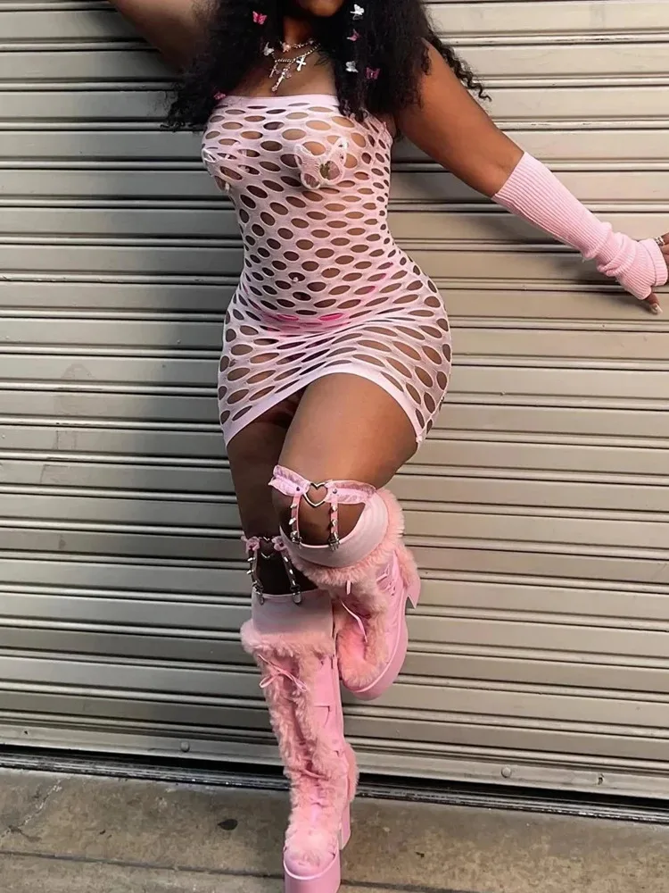 Rosa mini vestido feminino sem alças sheer sem costas sem mangas magro vestido feminino festa noite clubwear malha lingerie vestido 0k78