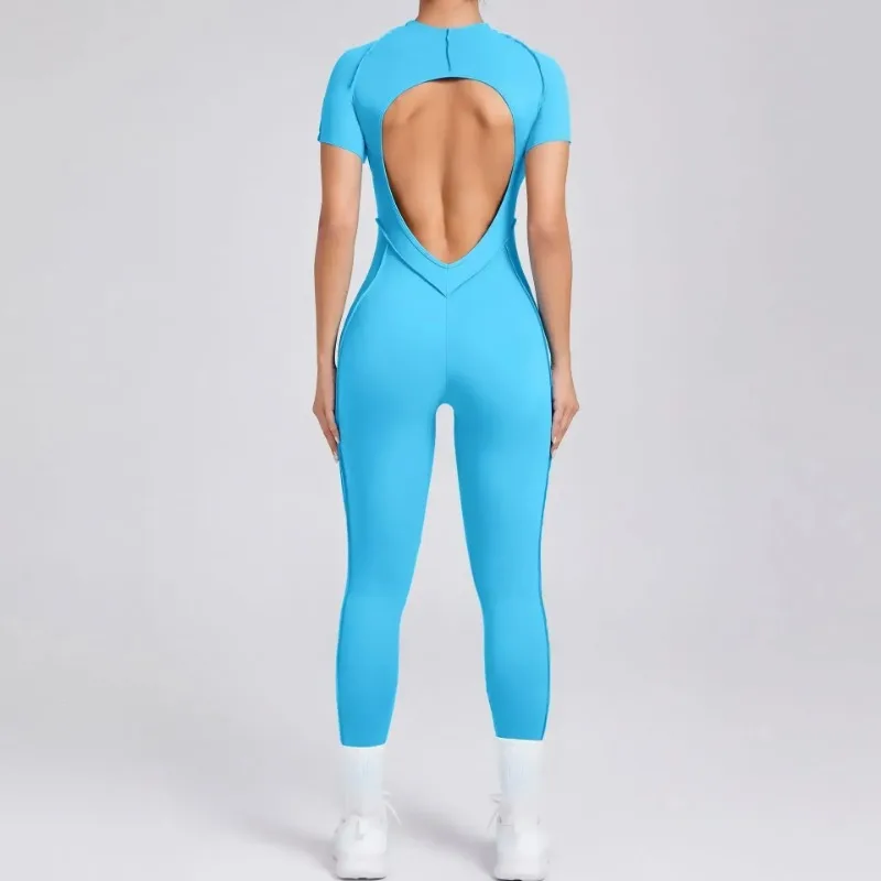 Seamless Yoga Jumpsuits Sports Fitness Combination Hip-lifting Open Back Short-sleeved Set Outdoors Gym Workout Tracksuits Women