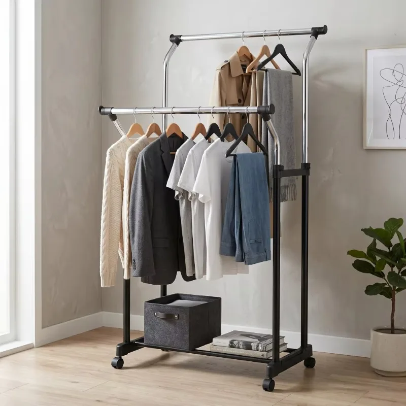 Modern Steel Double-bar Hanger with Storage Rack and Wheels for Bedroom and Living Room Furniture