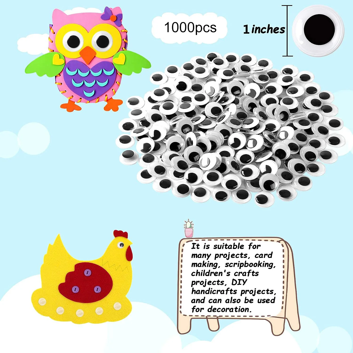 Wholesale 1000 Pcs 25mm Black Wiggle Googly Eyes with Self-Adhesive 25mm Big Packaging