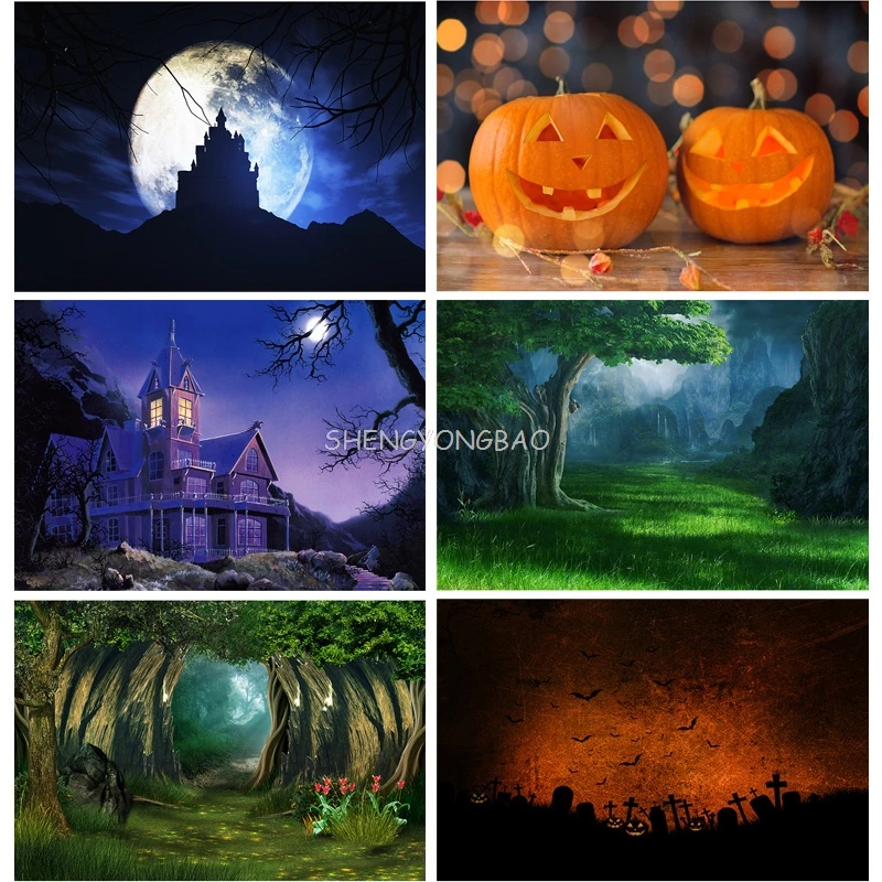

Halloween Backdrop Pumpkin Lantern Castle Forest Moon Tombstone Baby Photography Background For Photo Studio Props 21819 NG-11