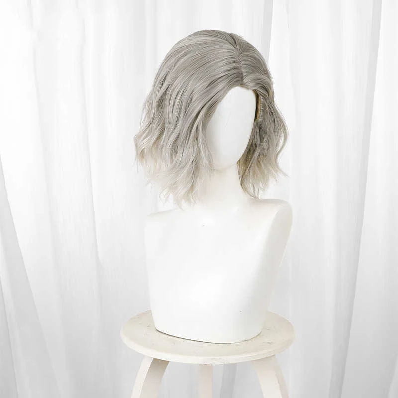Game Grace Ashcroft Cosplay-Perücke für Damen, Platin-Farbverlauf, kurzes lockiges Haar, hitzebeständige synthetische Perücken