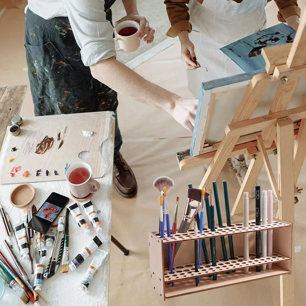 Wooden Frame Paint Brush Holder Household DIY Desk Organizer Saving Space Large Capacity Cosmetic Brushes Shelf Paint Brushes