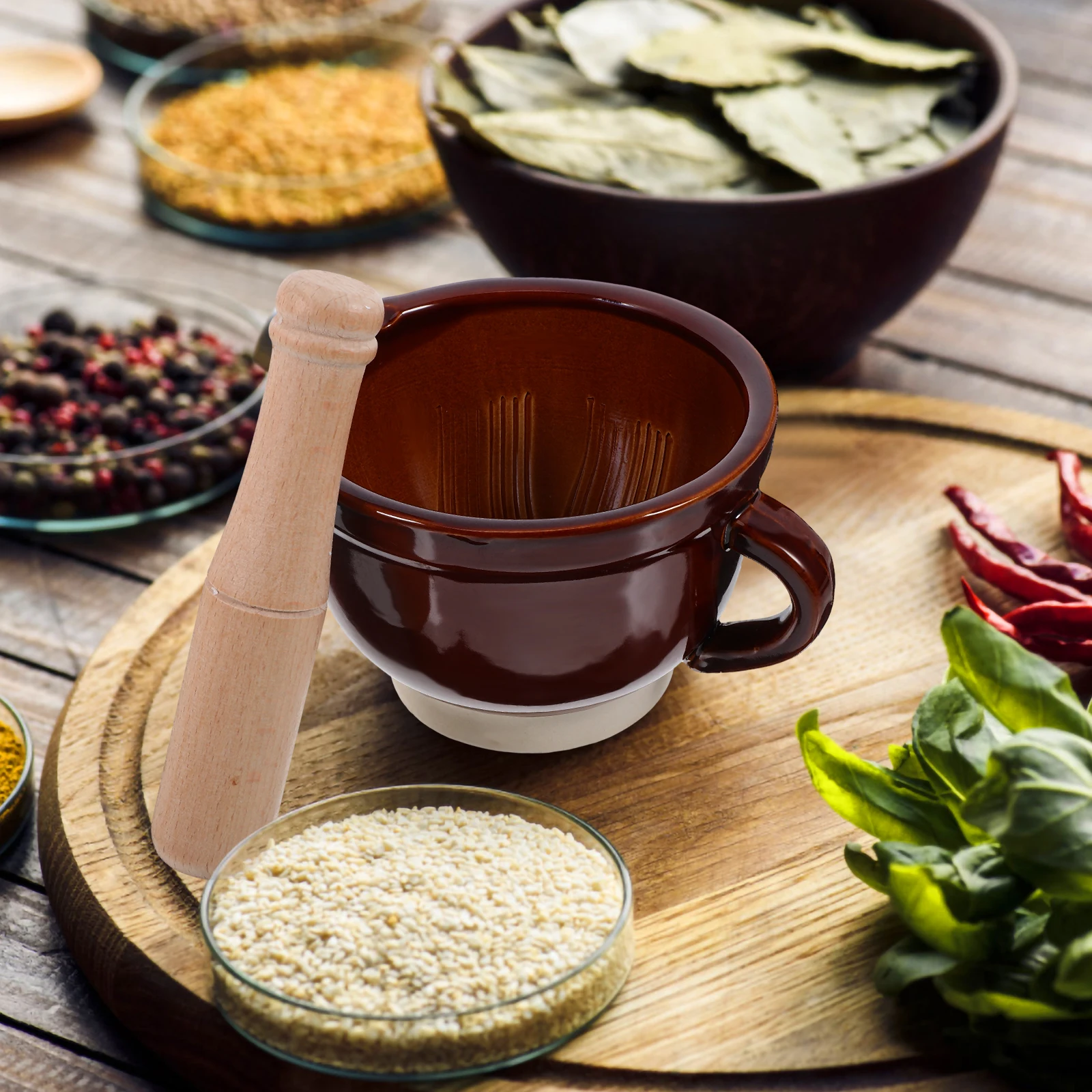 

Ceramic Garlic Bowl Wood Kitchen Gadget Spice Grinder Mortar Pestle Crushing Jar Kitchen Gadget Tools