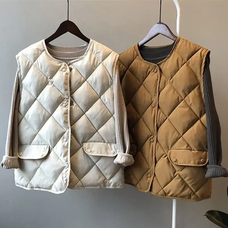 Jacket Vest Autumn Winter Cotton-Padded Coat Vest Women\'s Short Vest Diamond Lattice Cotton Coat Jacket Coat Chaleco Mujer