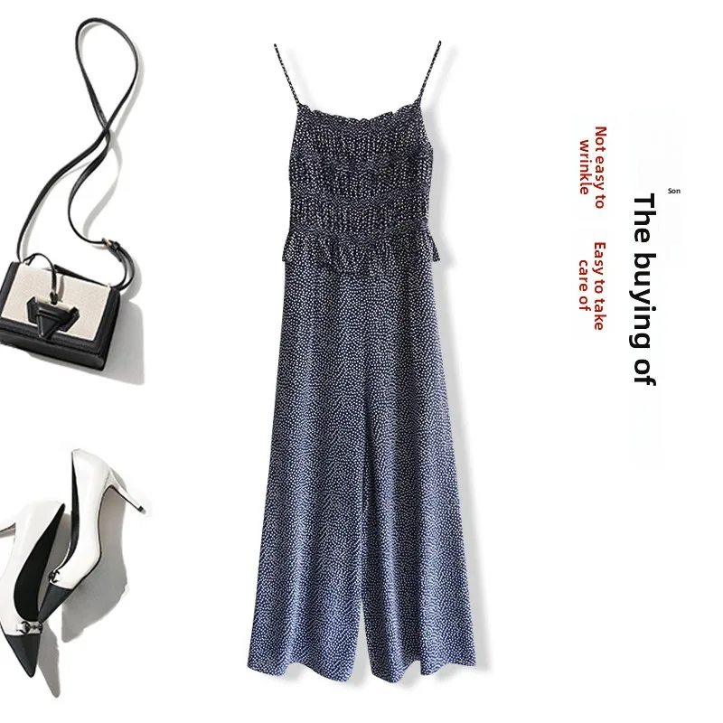 Summer 2024 Blue Polka Dot High Waist Wide Leg Pants Rer Women's Vintage Slimming High Quali Faion Commute Sle