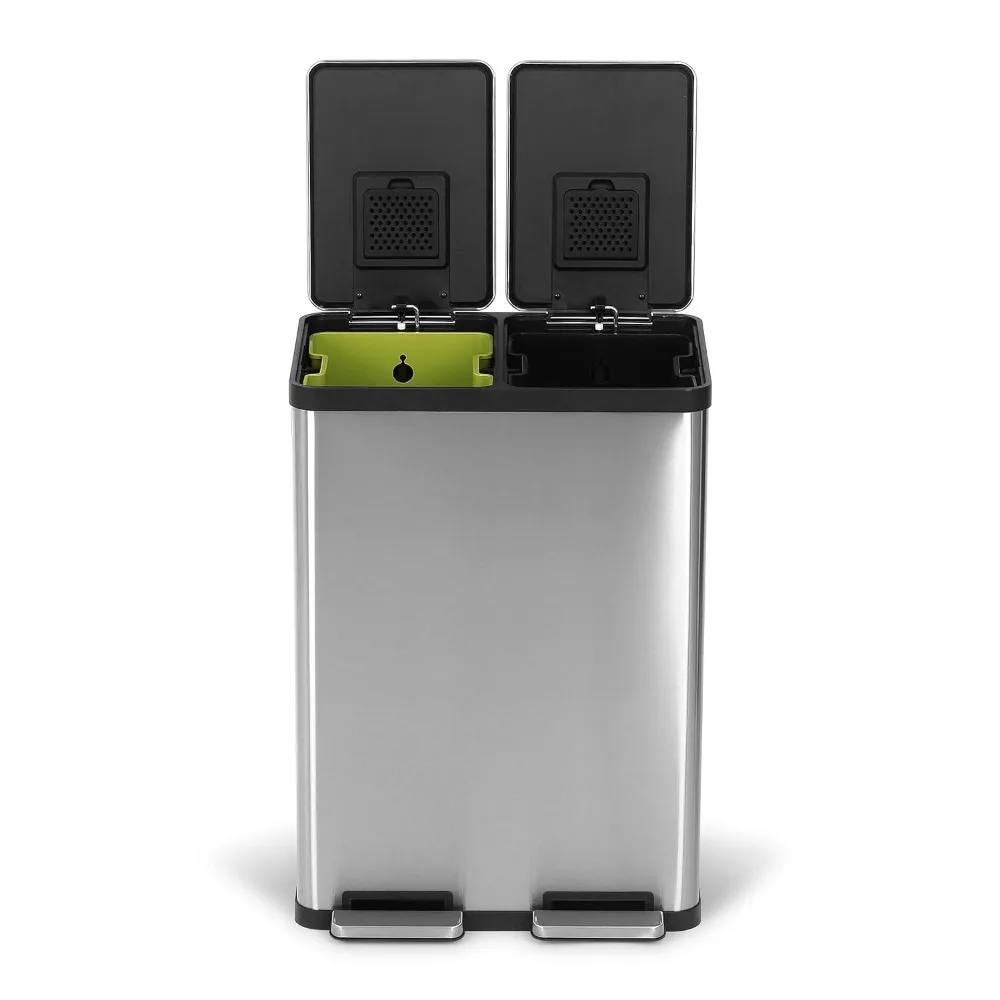 

60 Liter / 16 Gallon Rectangular Hands-Free Dual Compartment Recycling Kitchen Step Trash Can with Soft-Close Lid