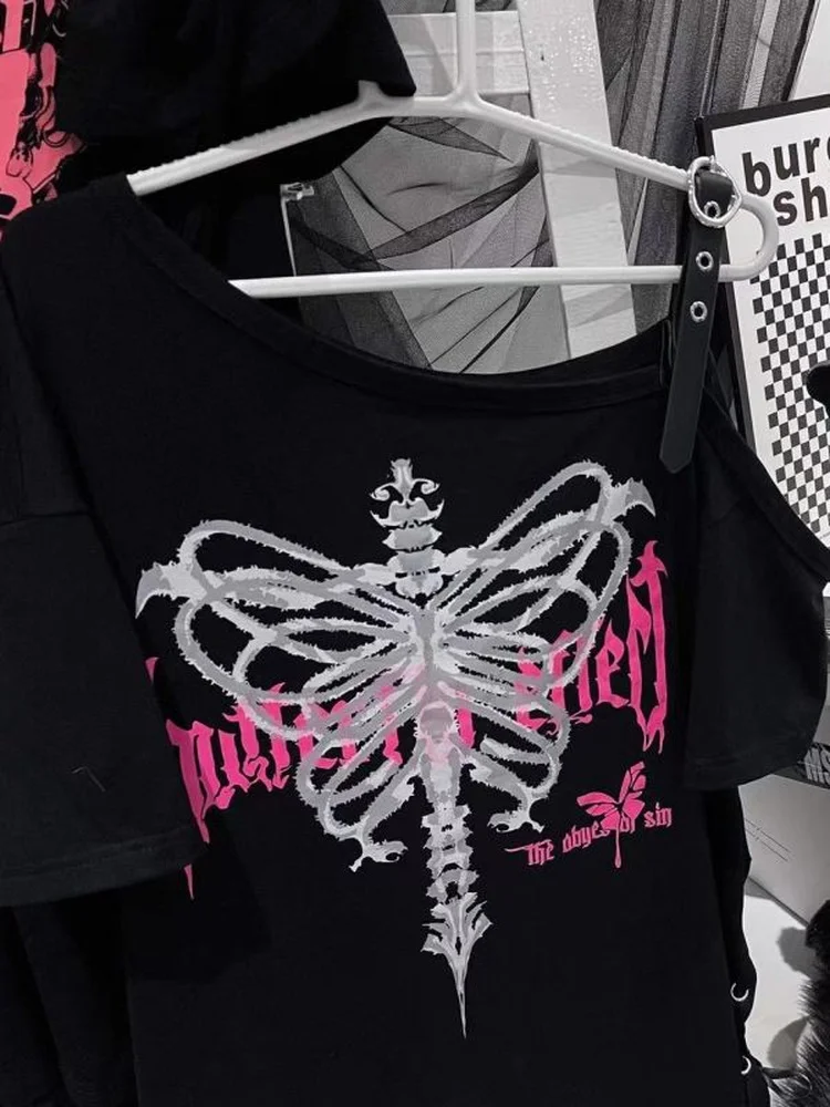 Y2k Aesthetic Black T Shirt Women Harajuku Off Shoulder Skull Print Gothic Graphic Shirts Japanese Punk Grunge Streetwear ee