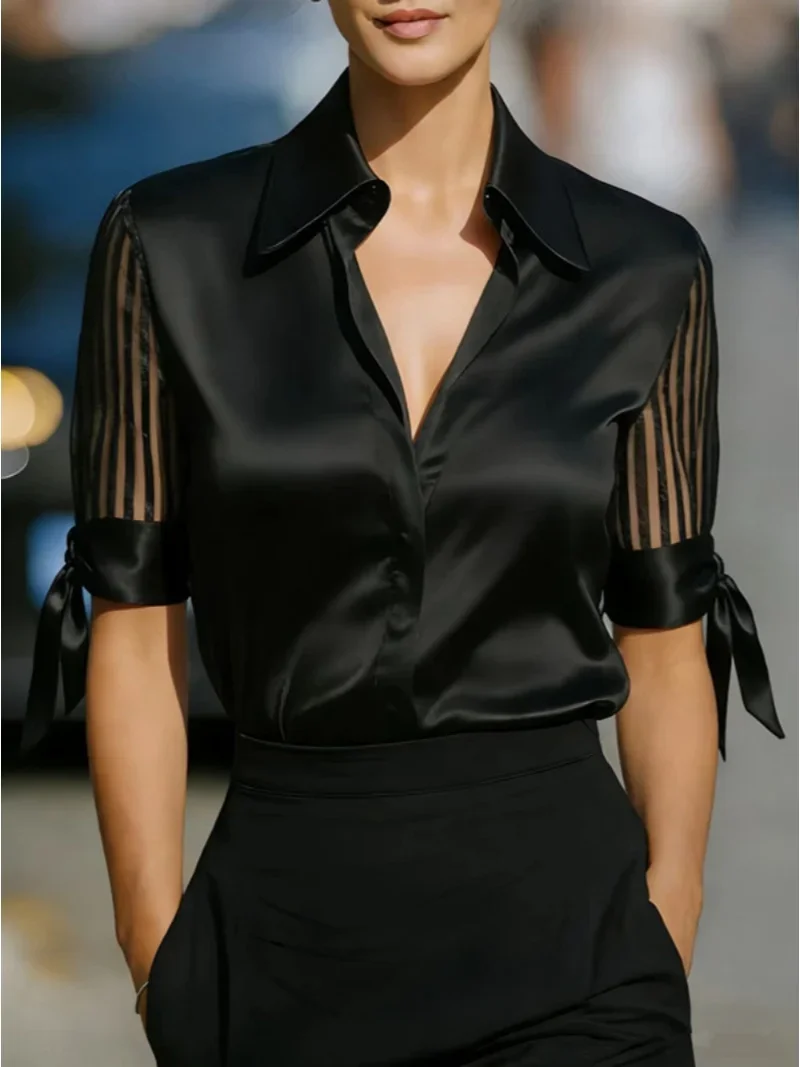 Elegant Satin Blouse with Sheer Striped Sleeves and Tie Cuffs Formal Office Shirt Women White Shirts Casual Office Ladies Wear