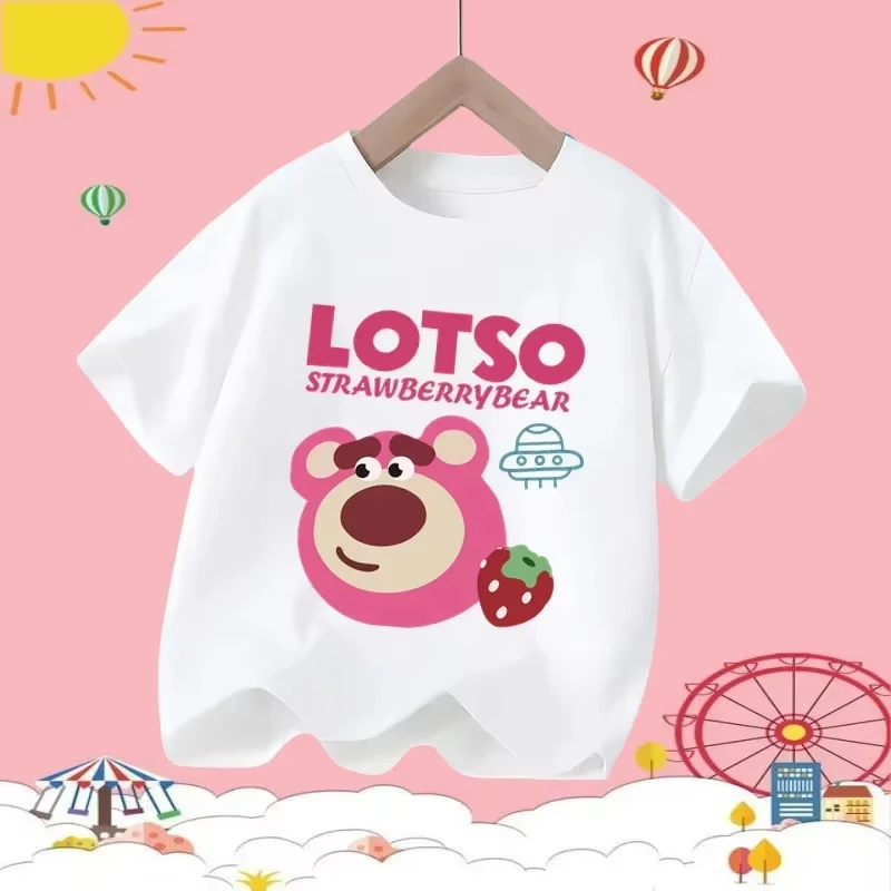 

Cute Girls' Casual Shirt 2026 Disney Series Strawberry Bear Summer Children's T-shirt Cartoon Print Sports Boys' Short Sleeve