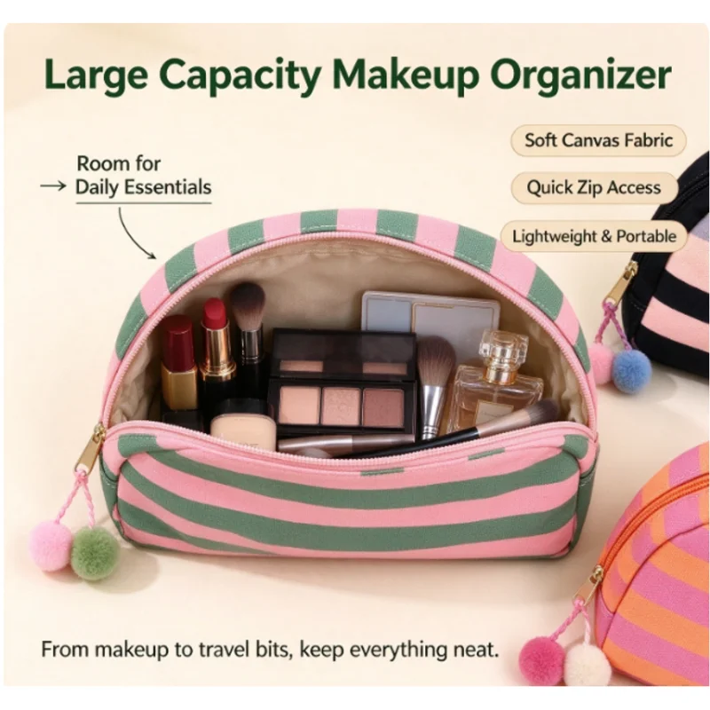 Striped Shell Cosmetic Bag, High Value Dopamine Color Travel Storage Bag, Portable Outdoor Makeup Organizer Pouch for Women Toil