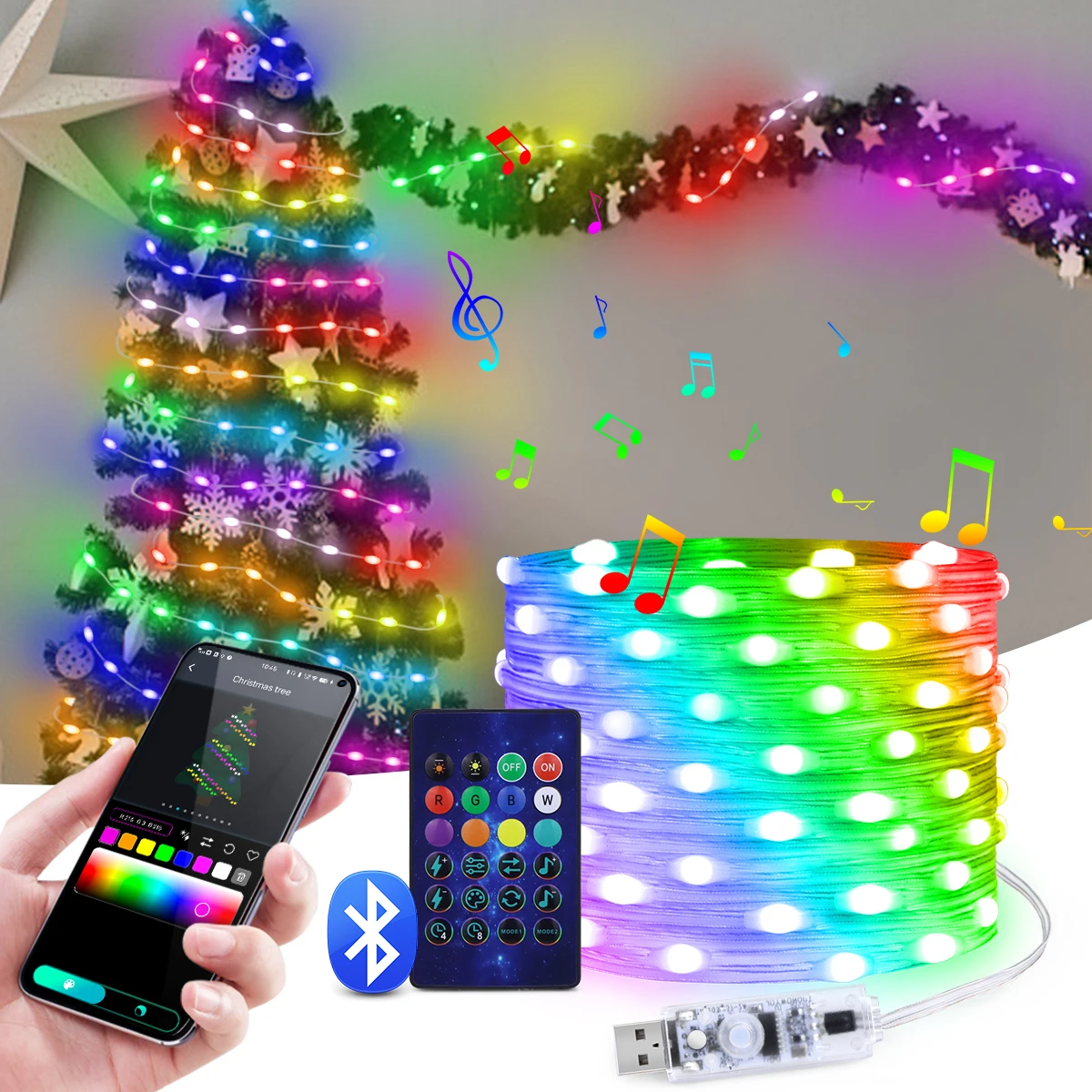 USB 5V LED Sting Light Dream Color With Bluetooth Music APP Control RGBIC Fairy Light For Birthday Party Garland Christmas Decor