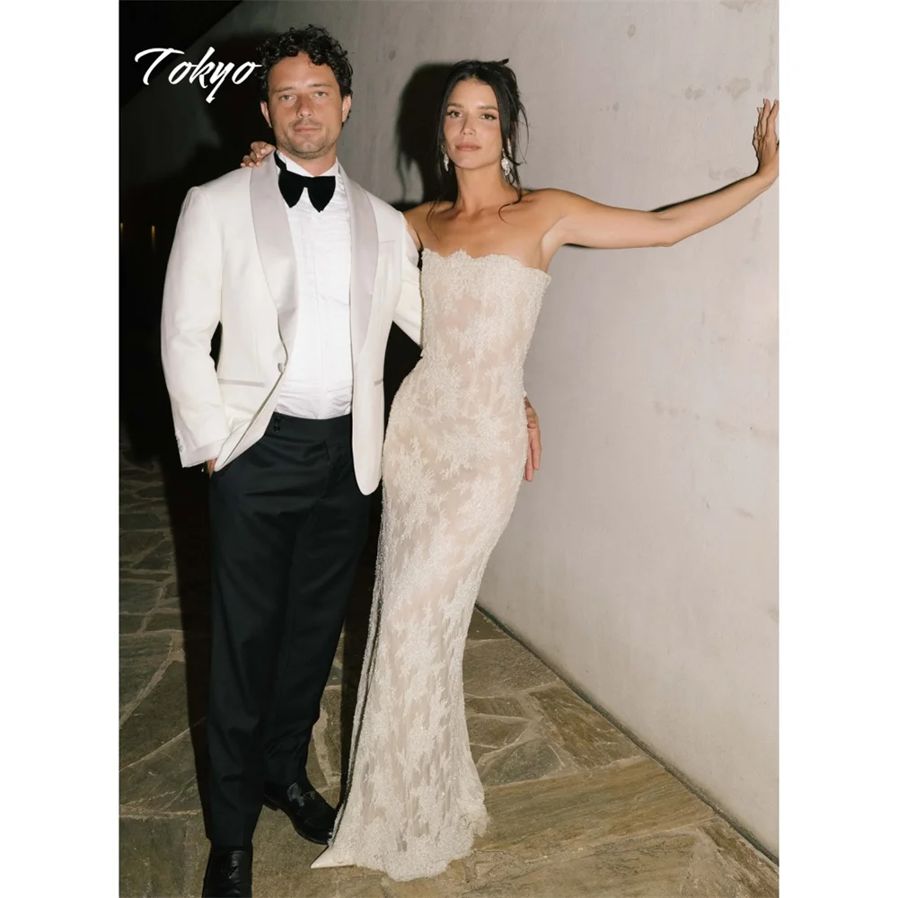 طوكيو مخصص البيج فساتين زفاف بدون حمالات بلا أكمام الظهر الدانتيل متابعة زي العرائس 2025 حورية البحر الطابق طول فساتين الزفاف