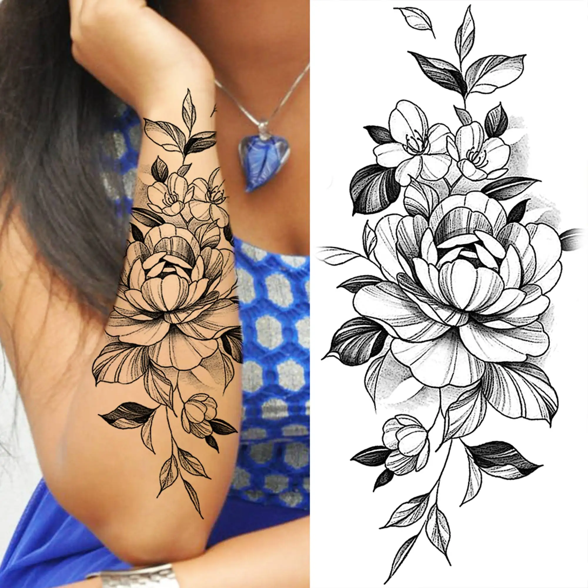 8 Sheets Black Realistic Large Peony Temporary Tattoos For Women Fake Rose Floral Tattoo Stickers Snake Sunflower Tattoo Paste