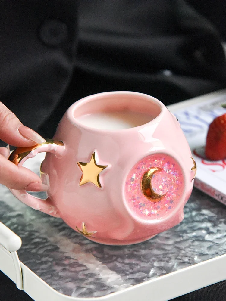 Ceramic Starry Sky Cup Sparkling Cup with High Appearance, Colorful Stars, Creative Birthday Gift, Mug with Hand Gift, Water Cup