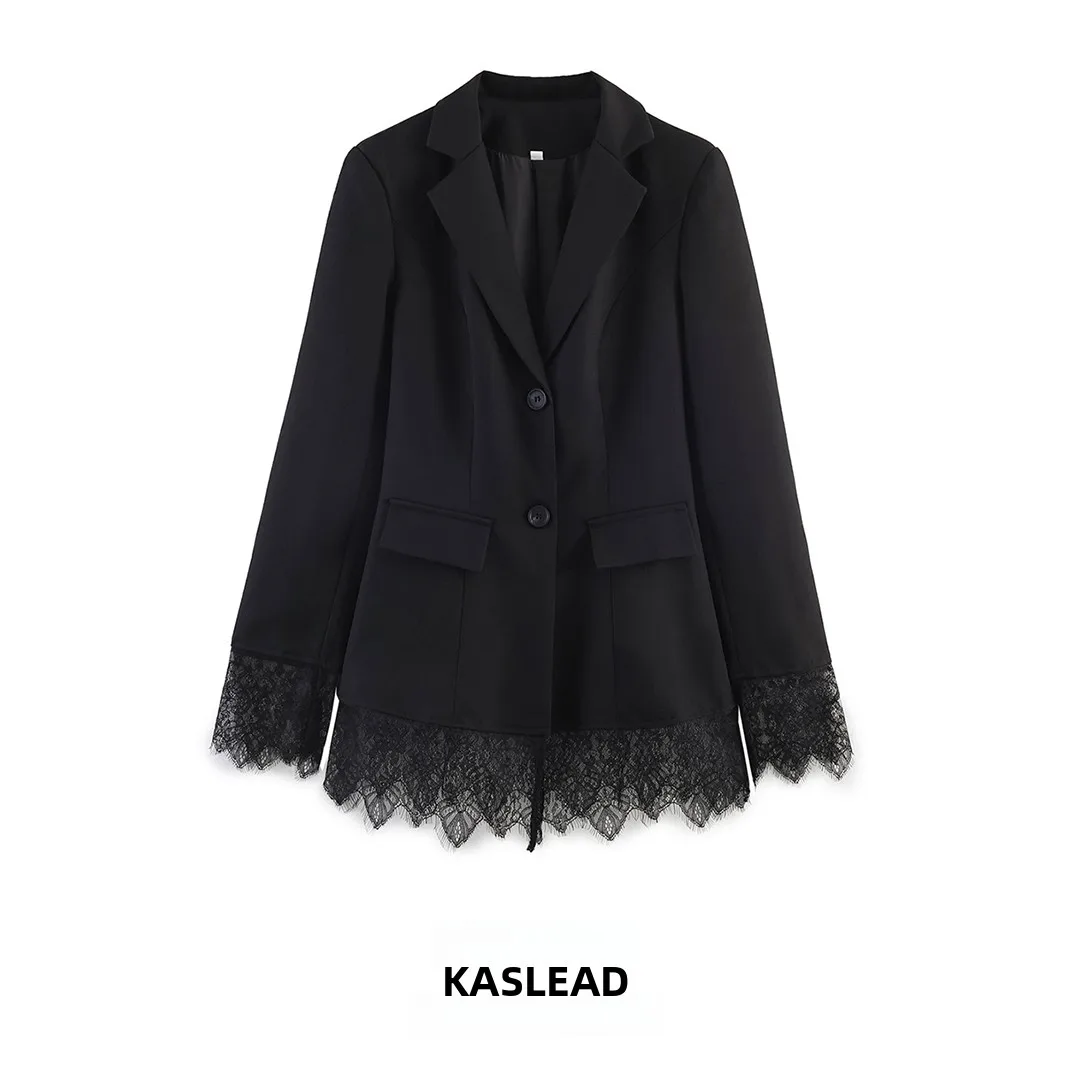 

KASLEAD New Women's Fashion Slim Fit Lace Patchwork Long Sleeve Suit Jacket Elegant Stylish Polyester Fiber Summer Outerwear