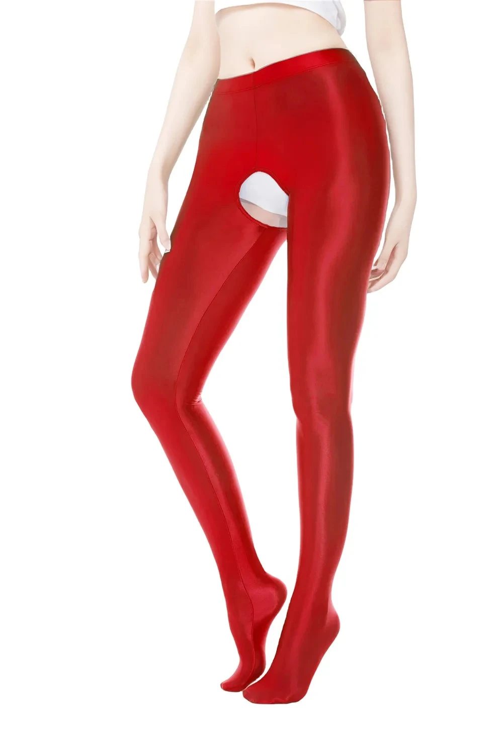 

Women's Crotehless Pantyhose Candy Color Oil Glossy Pencil Pants Satin Smooth Shaping Full Leggings Elastic Open Crotch Tights