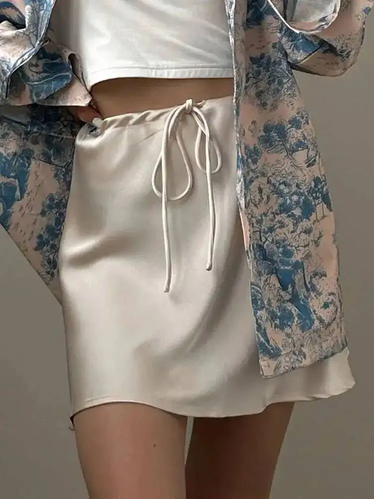 Satin Mini Skirts Women Summer Beige Silk Short Skirt For Woman Drawstring High Waist Black Satin Skirt A Line Women Short 1OT3