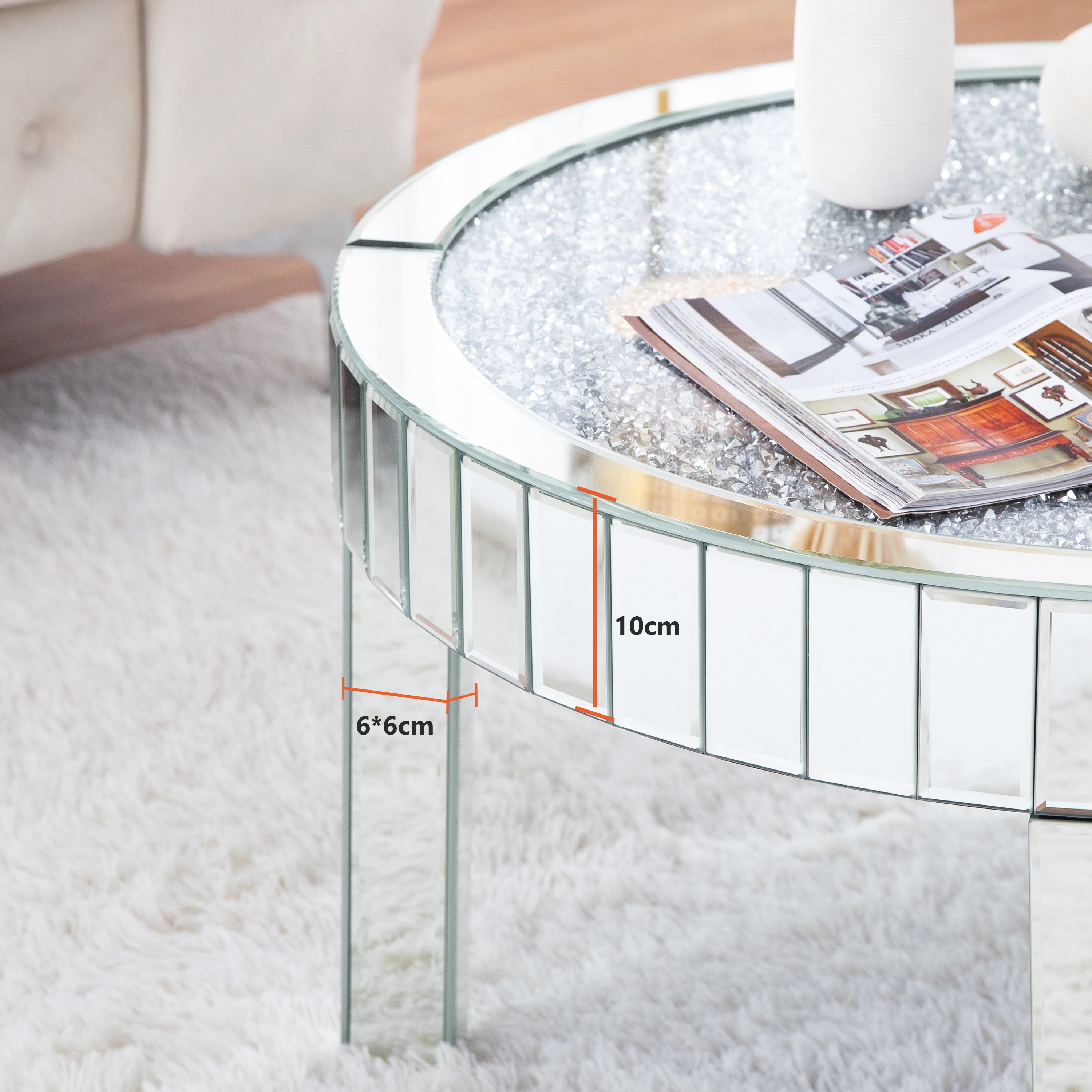 Mirrored Coffee Table with Crystal Inlay, 31.5'' Modern Round Coffee Table with Mirror Surface, Silver Accent Table