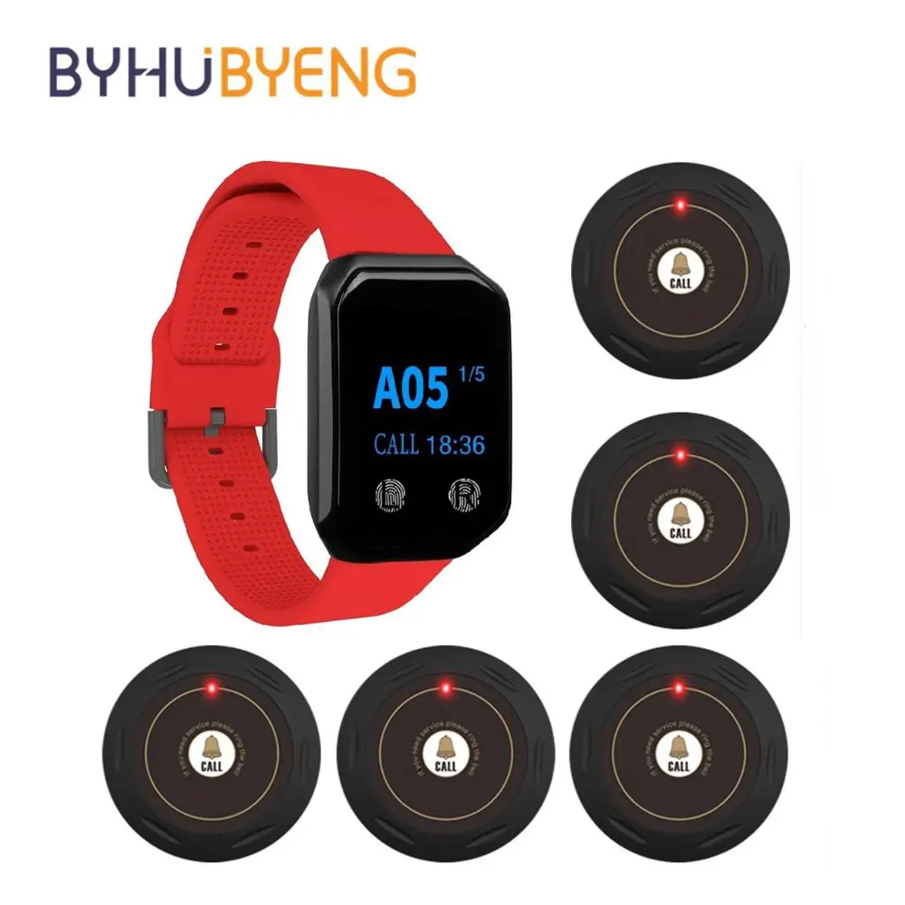 BYHUBYENG Wireless Restaurant Guest Calling System 5 Buttons 1 Belt Watch Receiver Pager for Hospital, Bar, Cafe, Salon