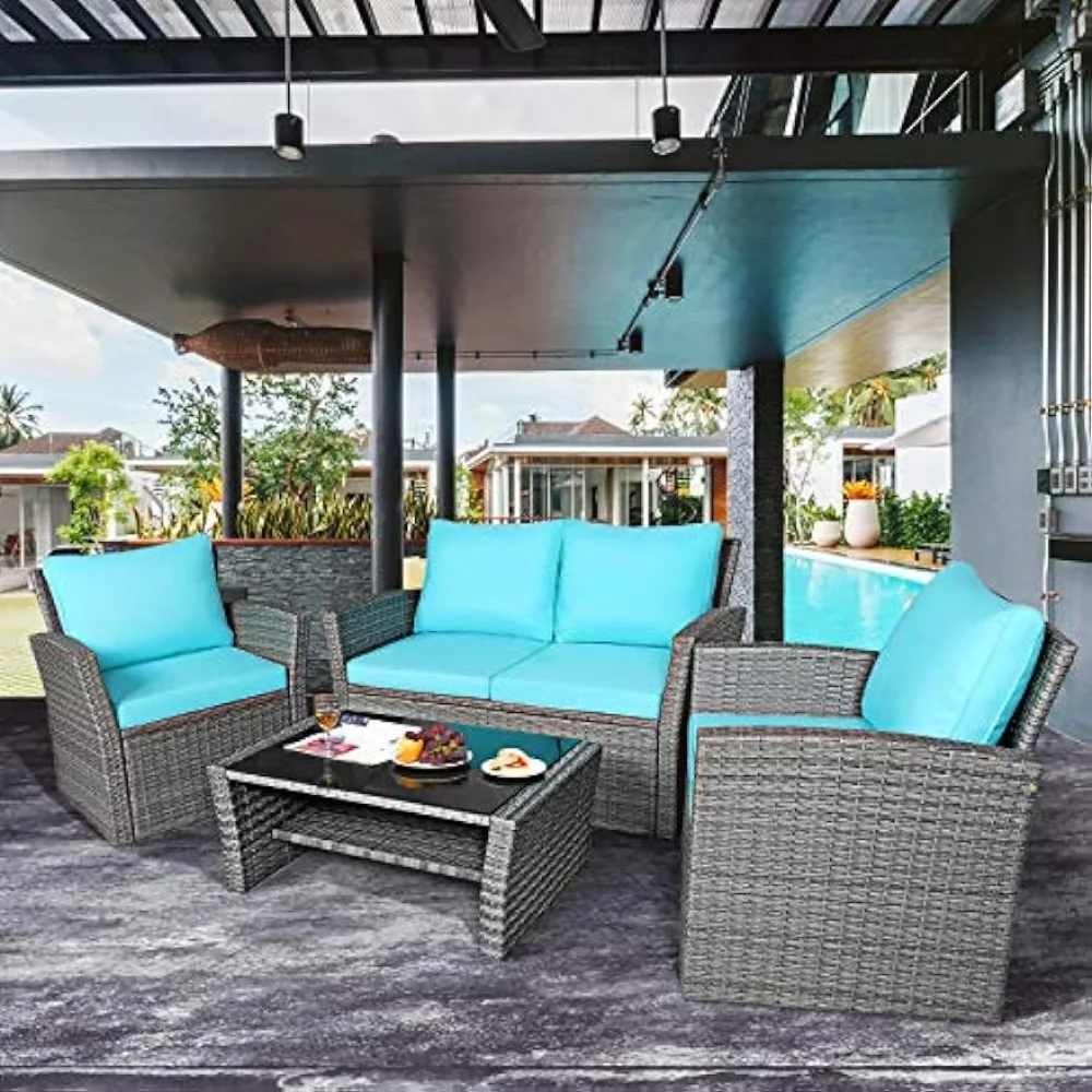 4-piece patio furniture set, outdoor combination rattan sofa set with cushions and tempered glass table, wicker sofa set