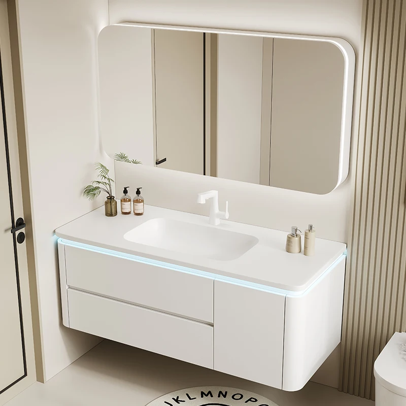 Light Led Modern Bathroom Cabinet Space Saver Mirror Storage Bathroom Vanity Toilet Luxury White Meuble Salle De Bain Furniture