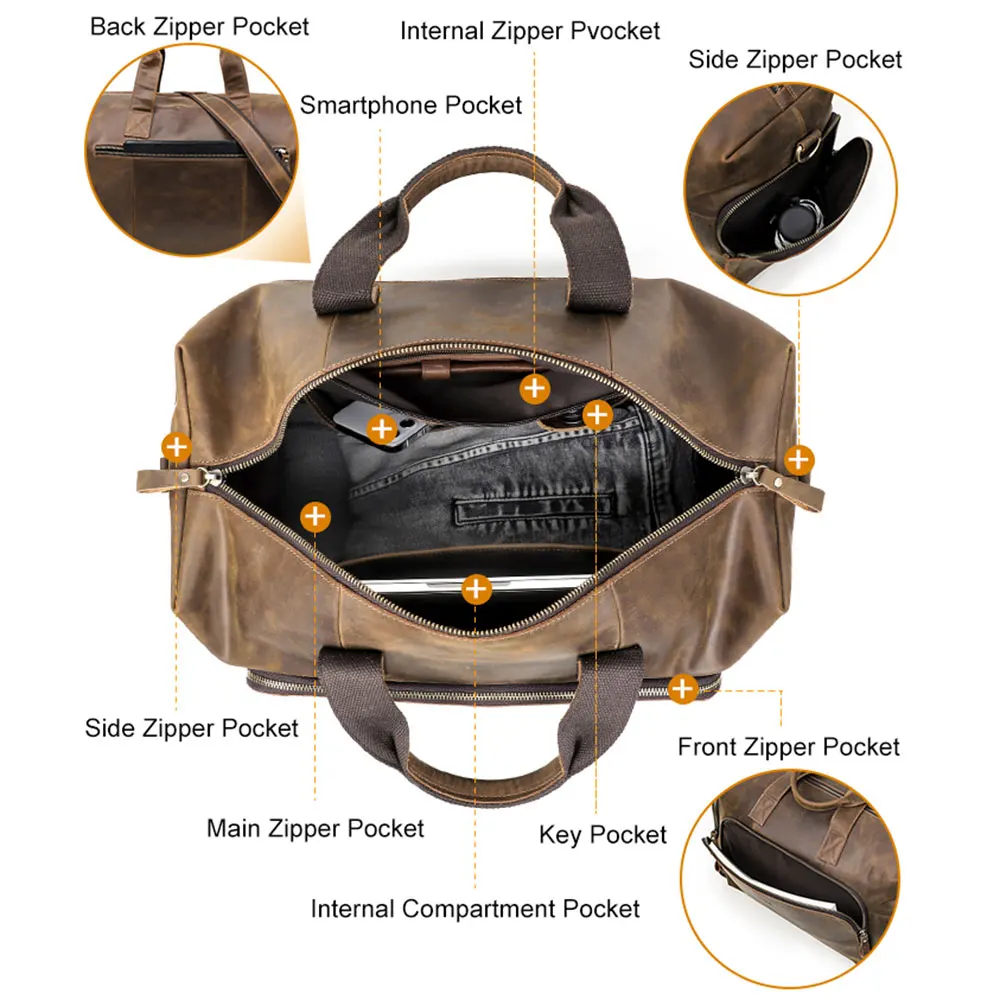 Luxury Crazy Horse Leather Travel Duffel Bags for Men Women Large Capacity Multi-functional Outdoor Cross Body Travel Bag