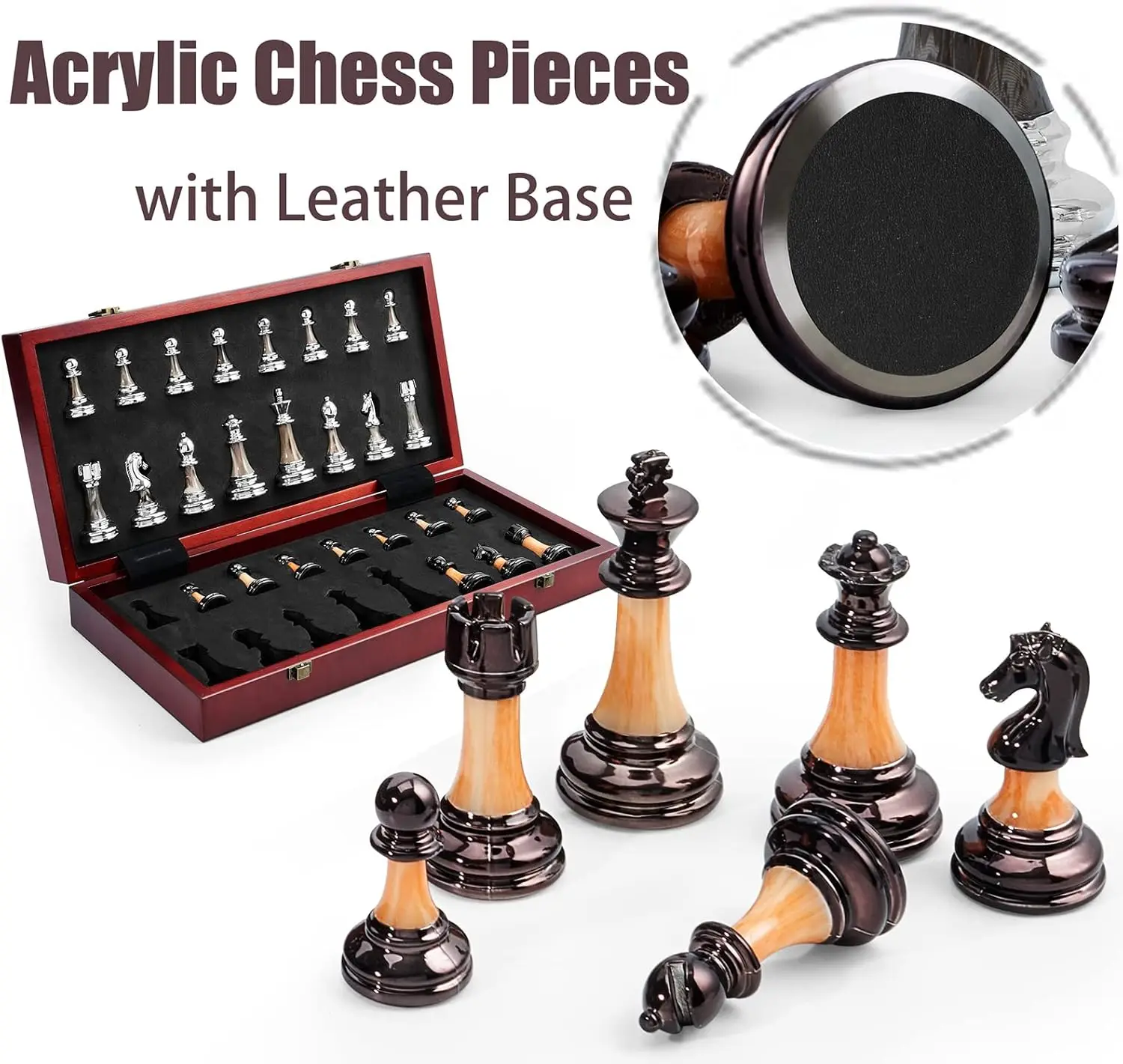 Set Large 16''/42cm Folding Wooden Board with Deluxe Weighted Acrylic Chess Pieces - 3.5