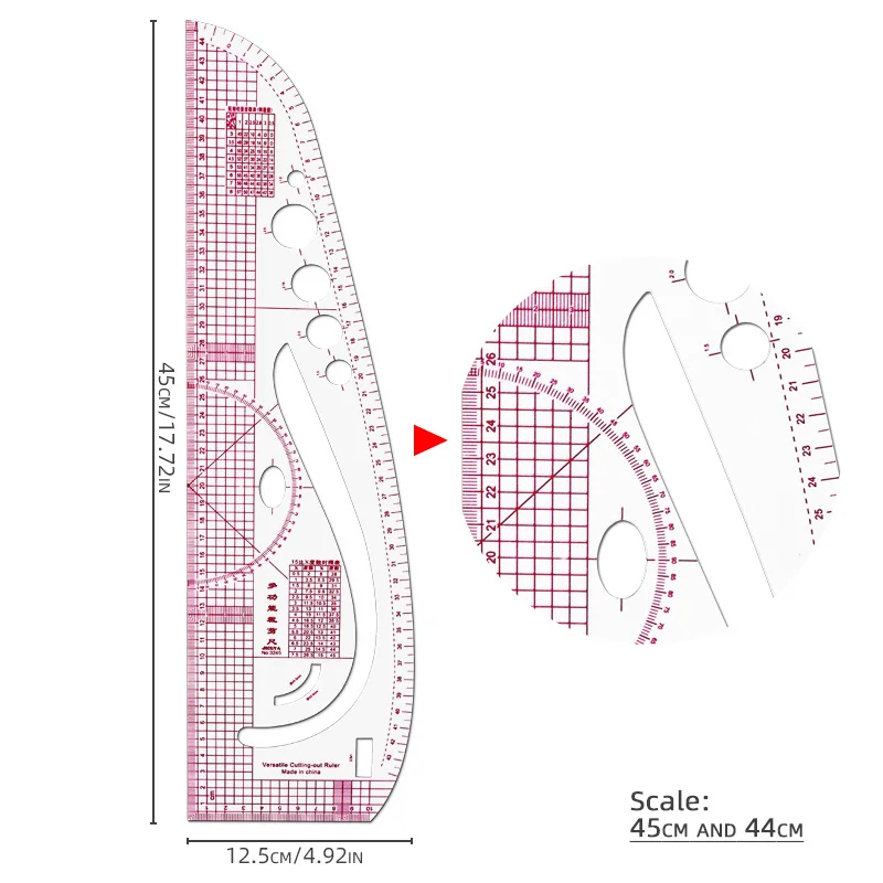 45cm/17.7" Straight & Curve Dual-Use Ruler, Built-in Scale for Sewing, Tailoring & Crafting