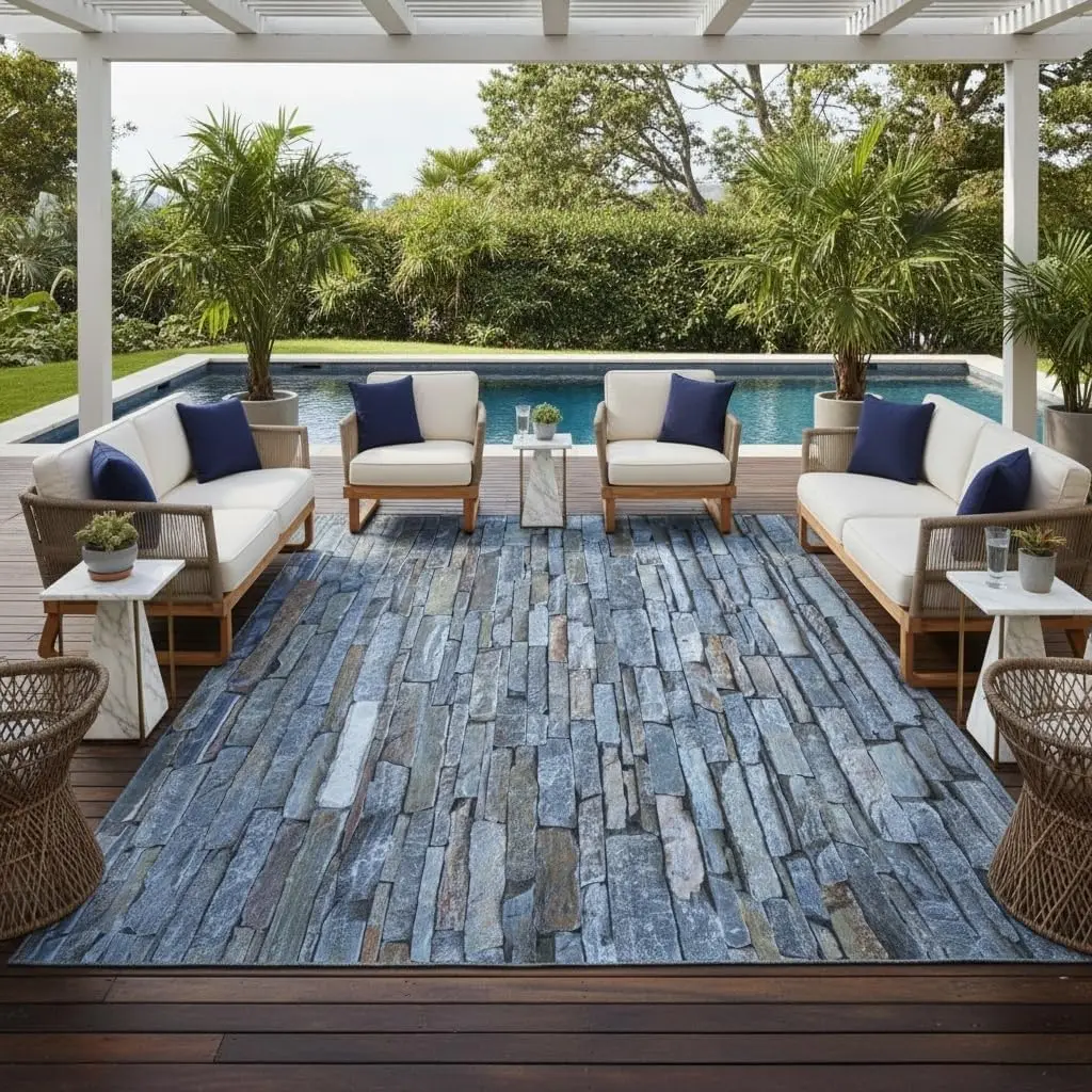 Vintage Rock Wall Stone Pattern Outdoor Area Rug 5x7 Gray Brown Stone Texture Waterproof Outdoor Rugs for Patio Courtyard Balcon