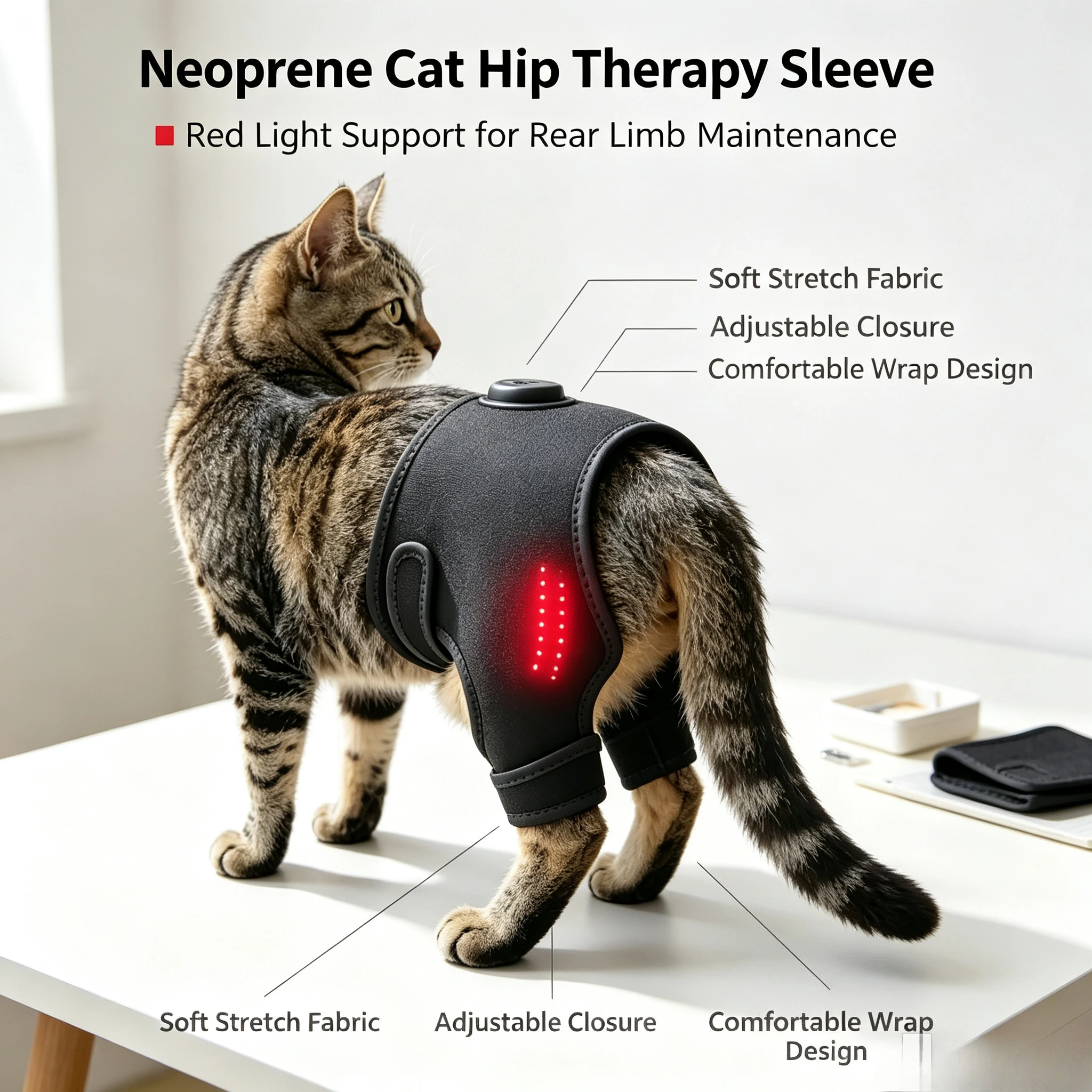 Adjustable Pet Hindquarter Light Therapy Wrap, Red Light Warmth Hip Support for Feline Joint Daily Care