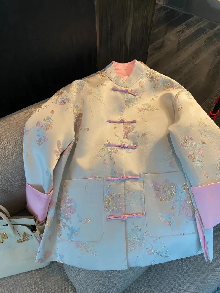 

Ele Ladylike Chinese Sle Button up Coat New Spring 2024 Faionable Lightweight Tang Costume Top for Young Women