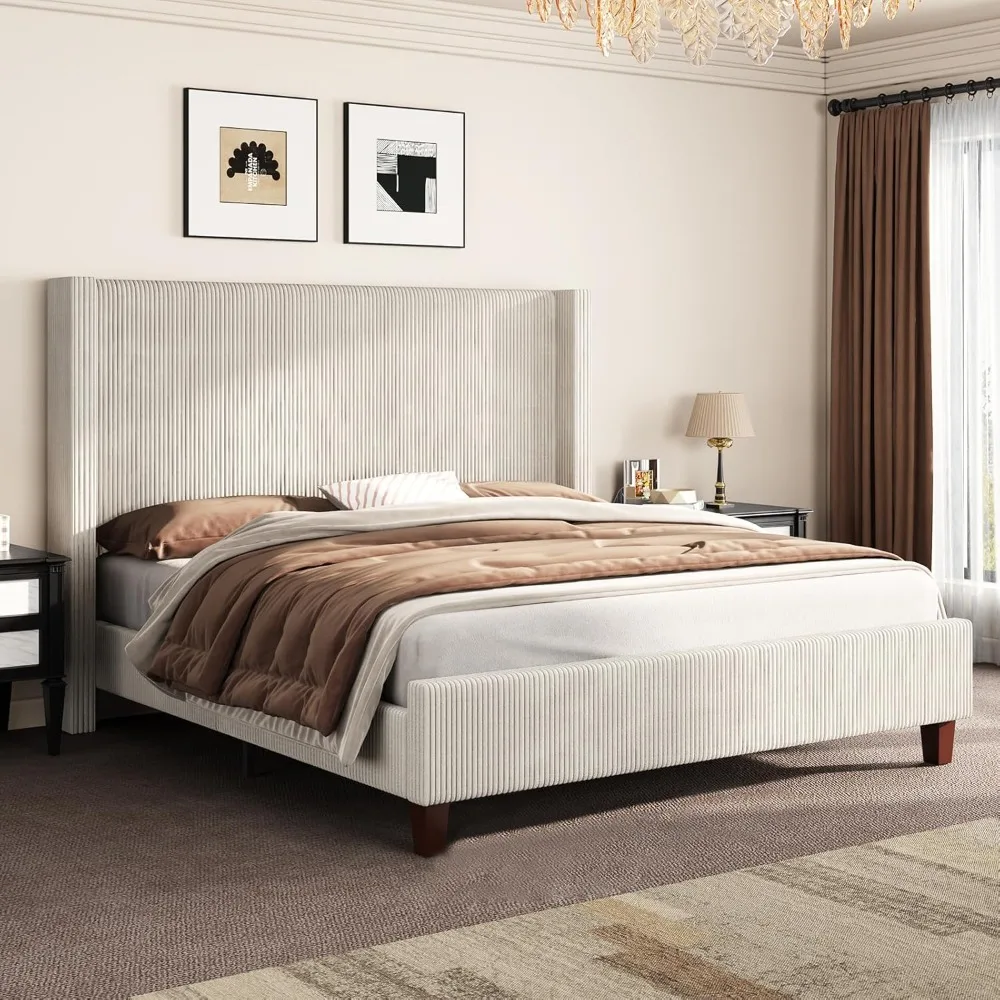 

Upholstered Bed Frame with 50.8" Tall Headboard, Wingback Platform Bed with Solid Wood Legs, Wooden Slats, Corduroy