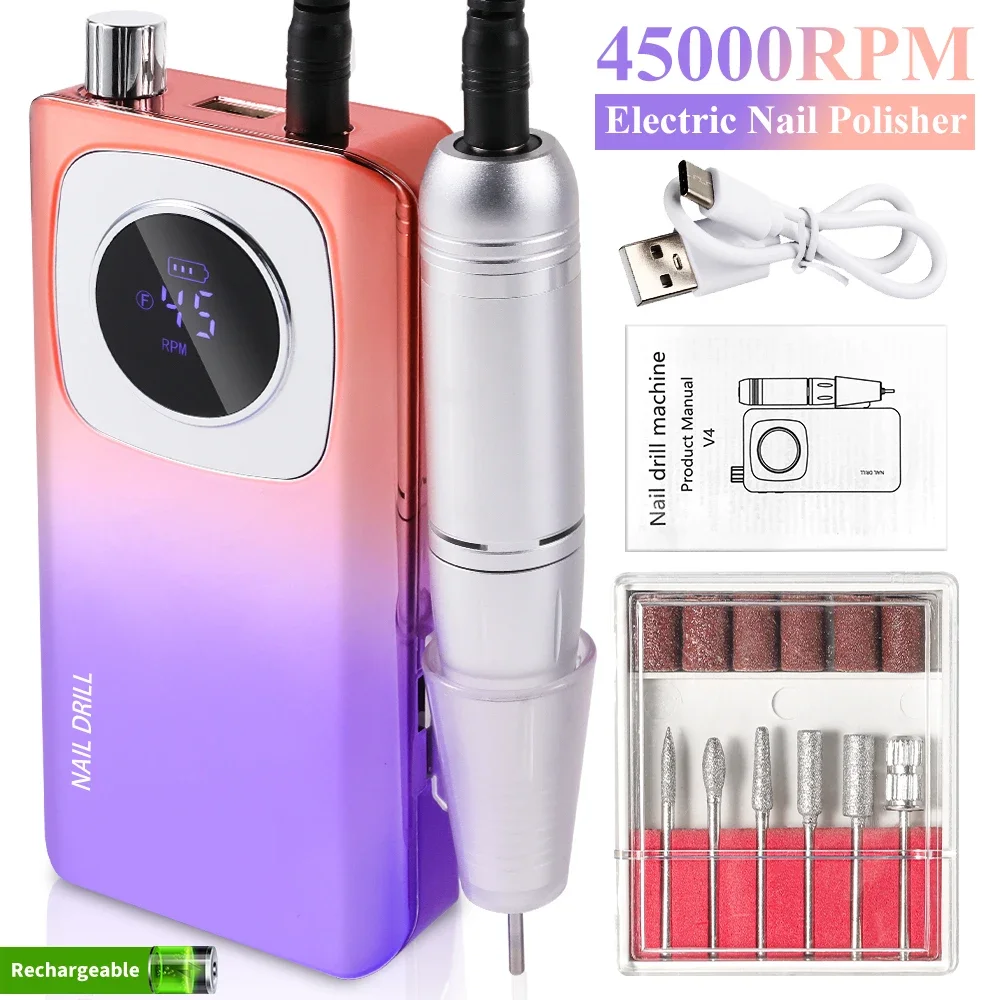 45000RPM Nail Drill Machine Electric Portable Nail File Rechargeable Nail Sander for Gel Nails Polishing For Home Manicure Salon