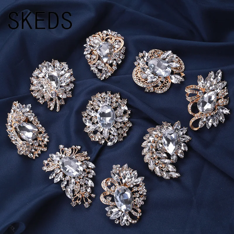 SKEDS Luxury Transparent Rhinestone Big Brooches For Women Vintage Metal Decoration Banquet Party Badges Pins Lady Jewelry Gift