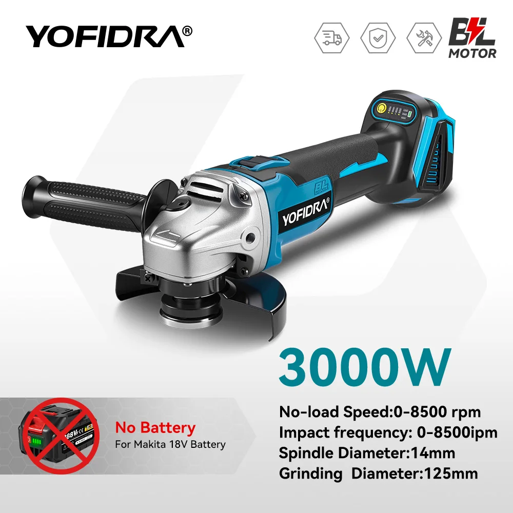 

YOFIDRA 3000W 125MM Brushless Electric Angle Grinder M14 Grinder Polishing Cutting Machine Power Tool For Makita Battery Pin