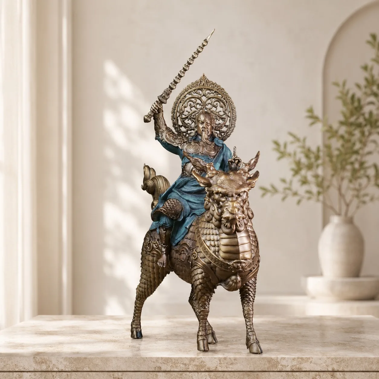 Handcrafted Bronze Nine Heavens Thunder God Statue for Traditional Chinese Taoist Decor Home Office Tabletop Collection