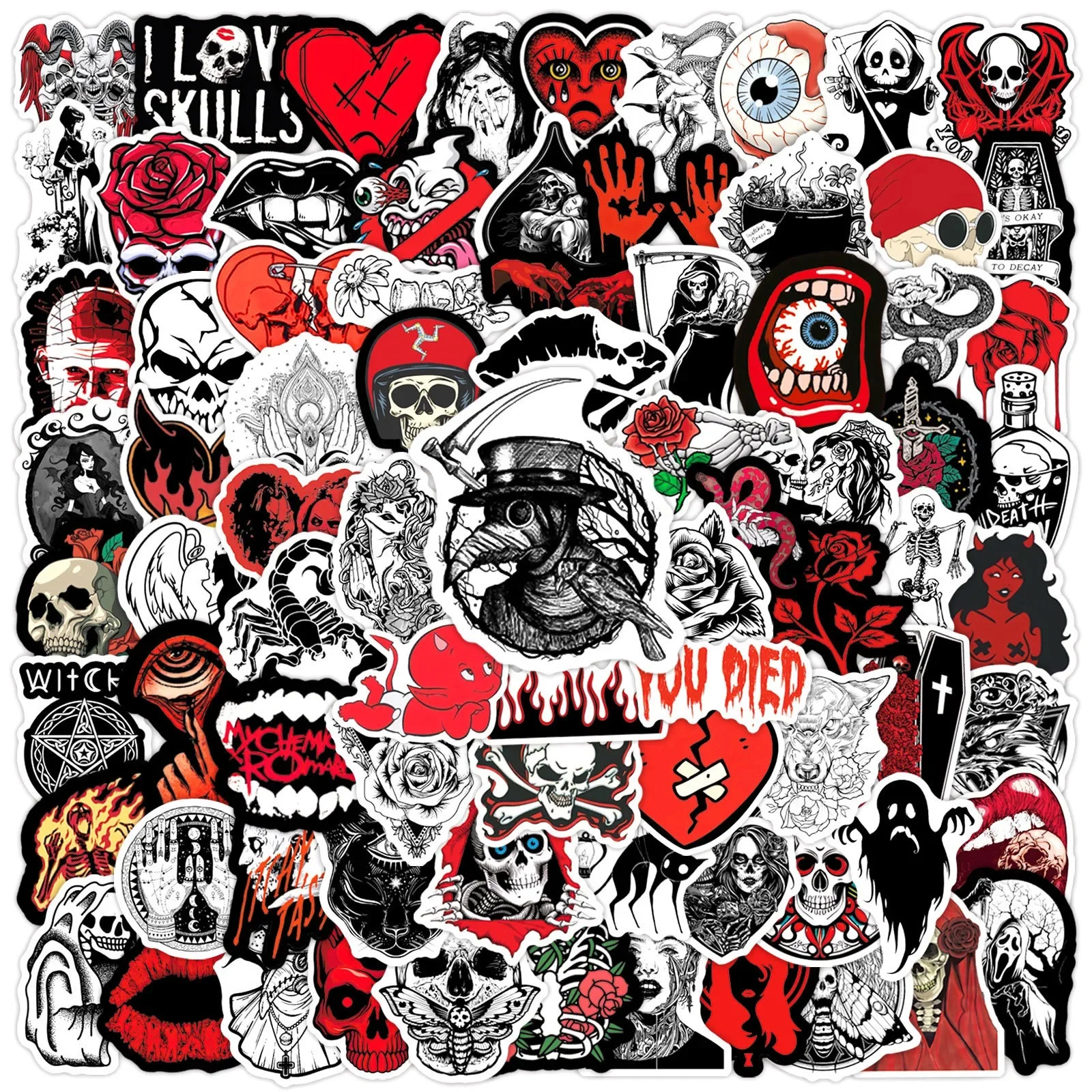 50/100 Stück Gothic Dunkelroter Totenkopf Horror Aufkleber Ästhetische DIY Motorrad Skateboard Auto Laptop Halloween Goth Dekorative Aufkleber