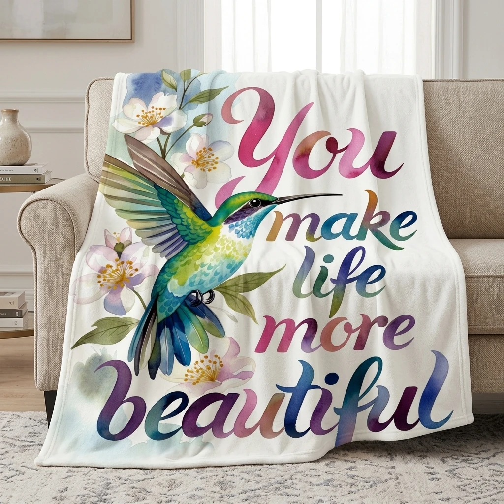

Vibrant Green Hummingbird Floral Flannel Throw Blanket, Cozy Romantic Quote Blanket for Bedroom & Living Room