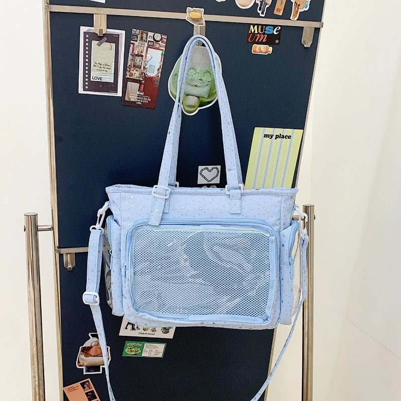 

Прозрачная сумка через плечо в японском стиле с кружевом, мягкая, вместительная, модная и универсальная сумка для повседневного использования.