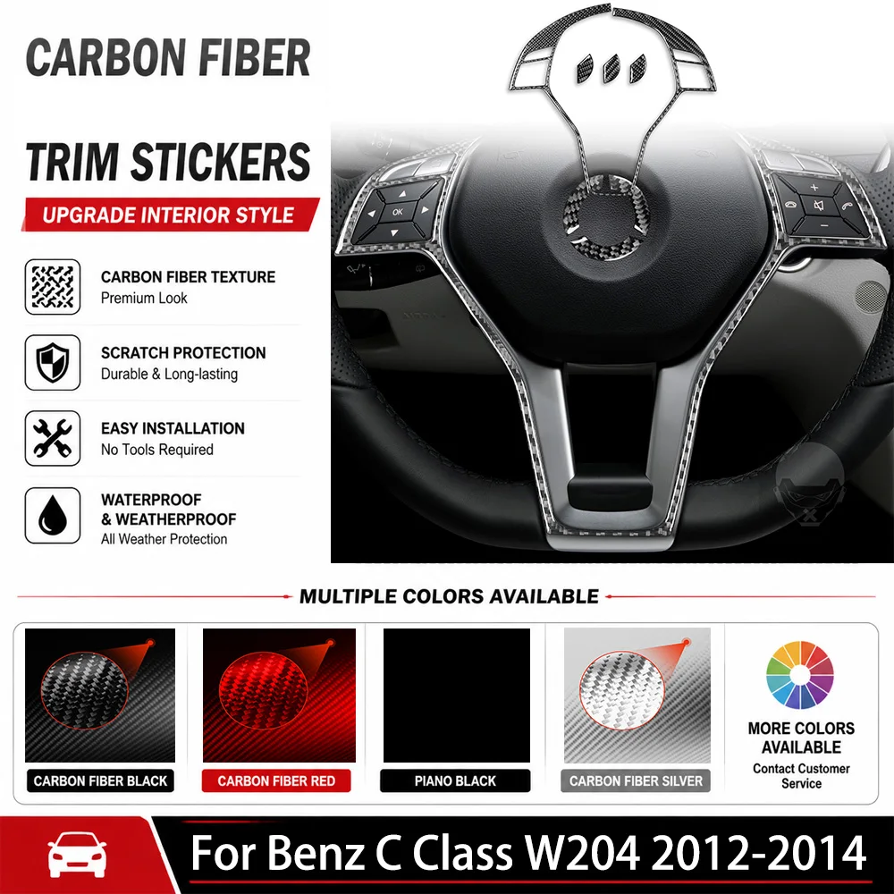 For Benz C Class W204 2012-2014 Real Carbon Fiber Steering Wheel Surround Decorative Cover Frame Interior Accessories Sticker