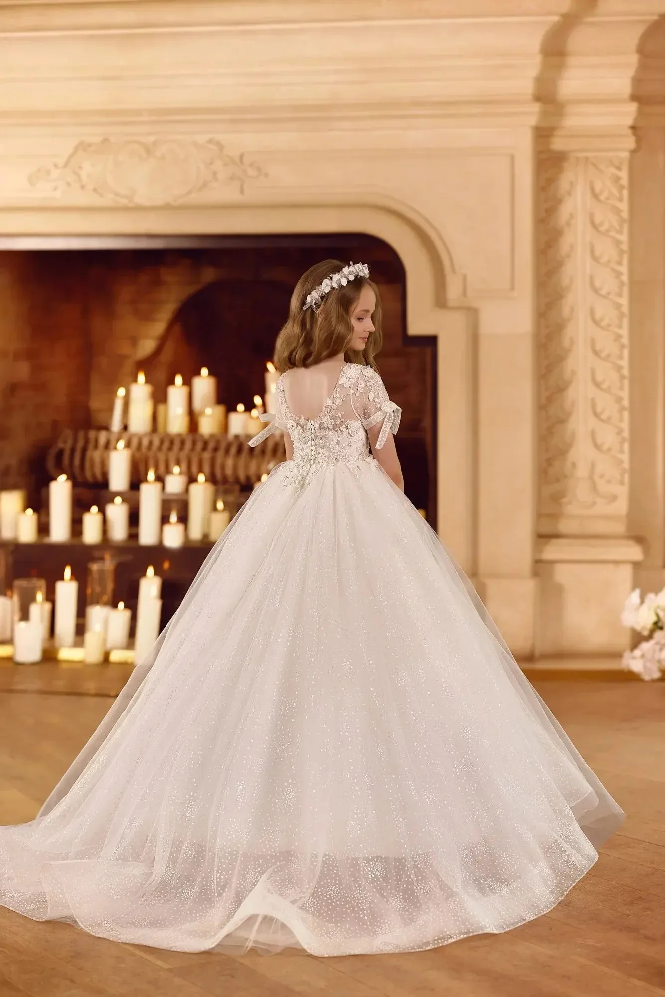 

White Tulle Flower Girl Dresses For Wedding Lace Appliques Elegant Baby Girl Birthday Banquet First Communion Gowns Customized