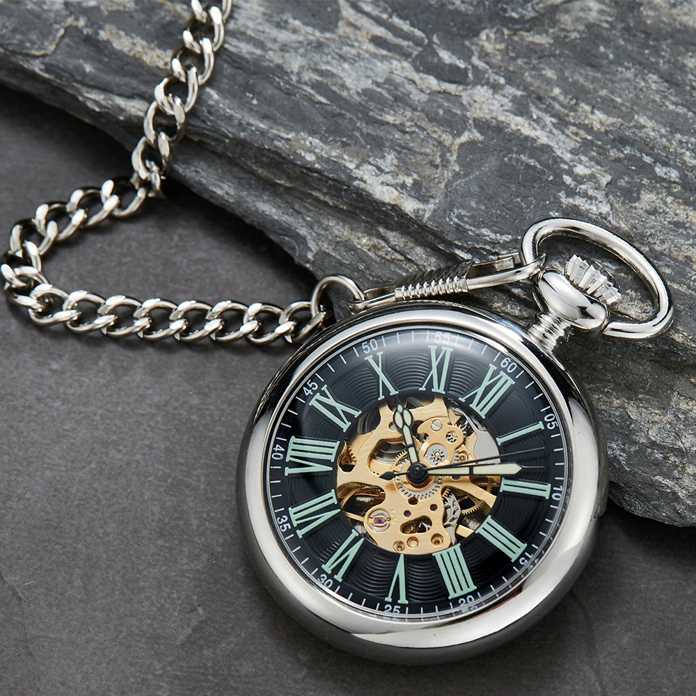 Smooth Roman Numeral Mechanical Pocket Watch FOB Chain Antique Vintage Steampunk Skeleton Fob Chain Clock for Men Women