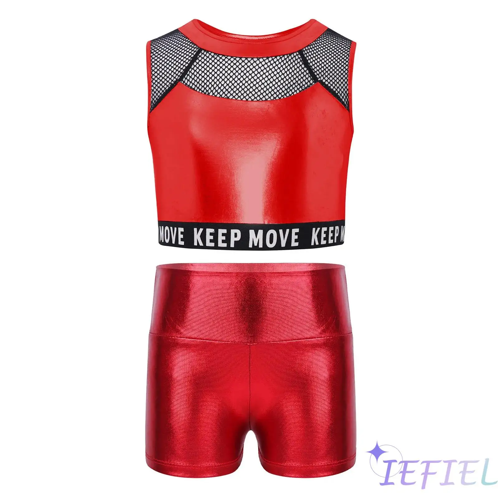

Kids Girls Gymnastics Jazz Dance Performance Costume Round Neck Sleeveless Hollow Out Mesh Patchwork Vest with Shiny Shorts