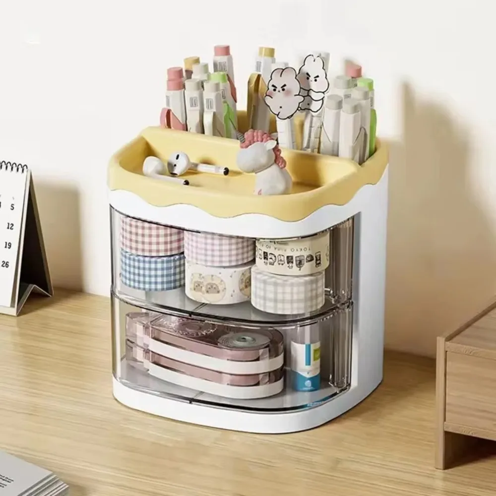 Cute Portable Desk Organizer Acrylic Multi-Section Pencil Case Multifunctional Makeup Brush Storage Box Home Office School